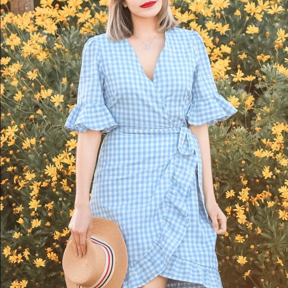 Forever Dolledup Dresses & Skirts - ⭐️Napa Valley Gingham Wrap Dress Powder Blue